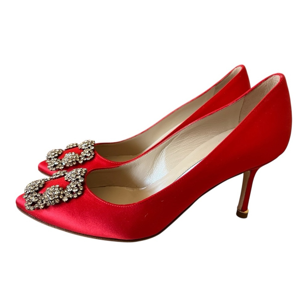 Manolo Blahnik Scarlet Satin Heels with Crystal Embellishments